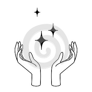 Feminine hands with stars as symbol of beauty, care, magic, meditation, charity, faith, hope.