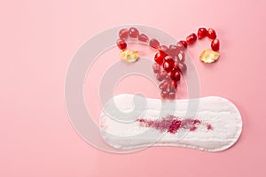 Feminine hygiene pad with and uterus made of pomegranatered.First menstrual period concept on pink background.Copy space
