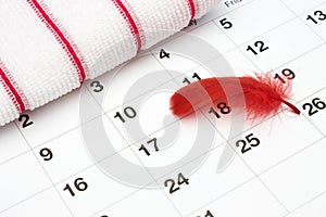 Feminine hygiene products, blood period calendar and terry towel with red feather. Menstruation period pain protection in monthlie