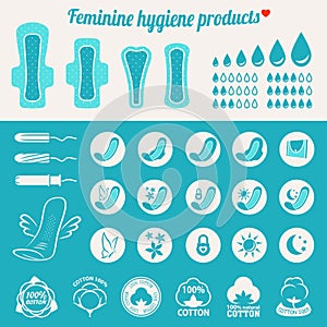 Feminine hygiene products blue color pads and tampons icon set