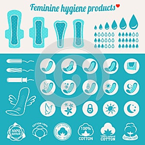 Feminine hygiene products blue color pads and tampons icon set photo