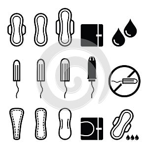 Feminine hygiene products - sanitary pad, pantyliner, tampon icons