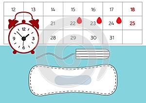 Feminine hygiene products, vector illustration. A tampon and daily menstrual pad. Alarm clock and a blood period calendar. Menstru