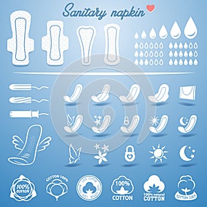Feminine hygiene products white napkins, pads and tampons icon set photo