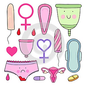 Feminine hygiene set. Cute illustration.