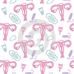 Feminine hygiene sketch. Seamless pattern with hand-drawn cartoon icons - pad, tampon, menstruation cup and womb or