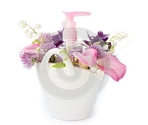 Feminine  hygiene soap with flowers .White  background.Woman health  concept