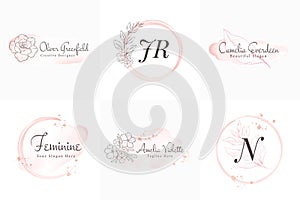 Feminine logos collection, hand drawn modern minimalistic and floral and watercolor badge templates for branding,  identity,