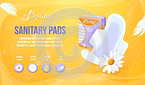 Feminine pads poster. Realistic sanitary soft pad with feather ad banner, lady hygienic product package background photo