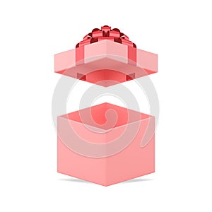 Feminine pink birthday open squared gift box with red bow ribbon realistic 3d template vector