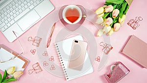 Feminine pink desktop workspace blog header overhead flat lay.