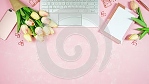 Feminine pink desktop workspace blog header overhead flat lay.