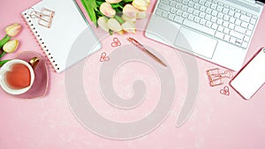 Feminine pink desktop workspace blog header overhead flat lay.