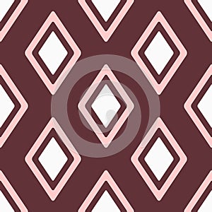 Feminine seamless pattern with repeating rhombuses. Simple geometric print for women. White, pink, brown.