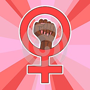 Feminine sign with arm inside. African or afro american woman hand raised into air. Pride fist of dark skinned feminist. Girl