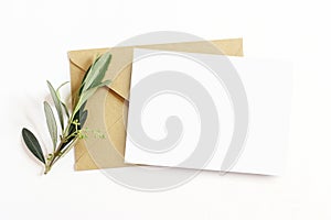 Feminine stationery, desktop mock-up scene. Blank greeting card and craft envelope with olive branch.White table