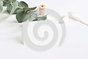 Feminine stationery mockup scene with a paper greeting card, spool of pink silk ribbon and Silver dollar eucalyptus