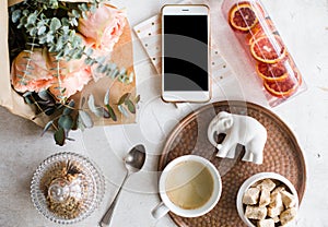 Feminine tabletop, home office with flowers