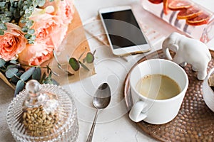 Feminine tabletop, home office with flowers