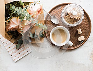 Feminine tabletop, home office with flowers