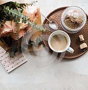 Feminine tabletop, home office with flowers