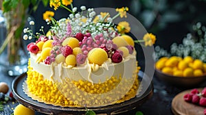 Feminine Taste: Mimosa Cake, Artistic Pastry Creation for a Sweet Event photo