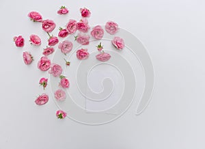 Feminine vertical birthday mock-up scene. Blank paper greeting pink roses, peony flowers on white table background