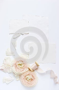 Feminine wedding, birthday desktop mock-up scene. Blank craft paper greeting cards, silk ribbon and blush pink Persian