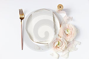 Feminine wedding, birthday desktop mock-up scene. Porcelain plate, blank craft paper card, silk ribbon, blush pink