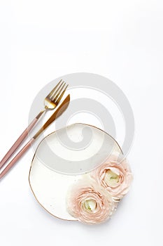 Feminine wedding, birthday desktop mock-up scene. Still life with porcelain plate, blush Persian buttercup flowers and