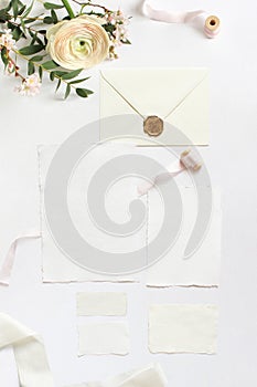 Feminine wedding, birthday desktop mock-ups. Blank greeting cards, envelope. Eucalyptus branches, pink cherry tree