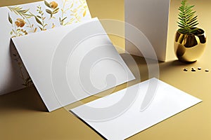 Feminine wedding desktop mock-up with blank paper card, AI Generated