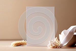 Feminine wedding desktop mock-up with blank paper card and branch , top view. AI Generated