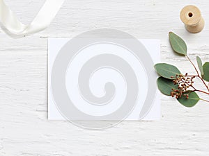 Feminine wedding desktop mock-up with blank paper card and Eucalyptus populus branch on white shabby table background