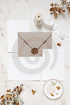 Feminine winter wedding, birthday stationery mock-ups scene. Blank greeting cards, envelope, wax seal, dry hydrangea and