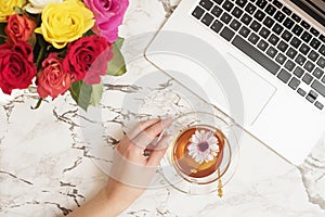 Feminine workplace concept. Freelance workspace in flat lay style with laptop, tea, flowers. Woman hand holding tea cup. Blogger w