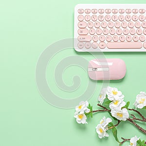 Feminine workspace of office worker, freelancer or blogger. Keyboard, mouse and decorative cherry blossom branch. Green