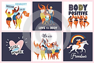 Feminism body positive cards with love to own figure, female freedom, girl power isolated illustration photo