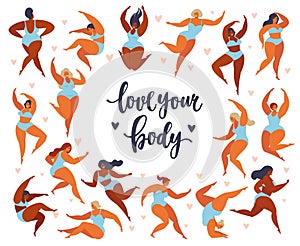 Feminism body positive set with love to own figure, female freedom, girl power isolated illustration. photo
