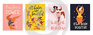 Feminism body positive vertical cards with love to own figure, female freedom, girl power isolated vector illustration. photo
