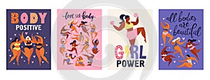 Feminism body positive vertical cards love to own figure, female freedom, girl power isolated vector illustration.
