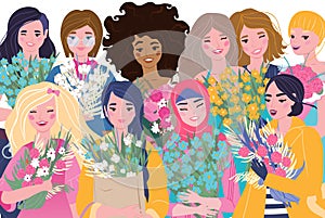 Feminism character women, individuals different nationalities, cultures, beliefs, flat vector illustration. Female proud