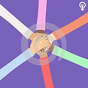 Feminism concept illustration. Women hands together