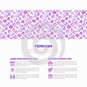 Feminism concept with thin line icons: women`s rights, girl power, gender equality, sex dicrimination, me too, protest, girls are