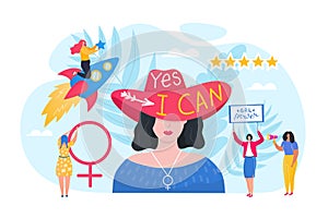 Feminism female group concept, vector illustration. Cartoon feminist woman people with girl power poster, happy