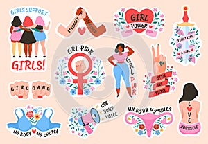 Feminism. Female power and solidarity, women rights and protest activists symbols and slang words for card, poster or photo