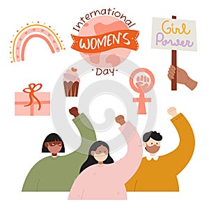 Feminism fists, protest and revolution, feminists fight, vector cartoon flat hands. Feminism activists fist symbol of strength,