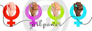 Feminism flat symbol with woman`s hands of different race: african, asian with fist raised up. Female gender power