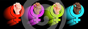 Feminism flat symbol with woman`s hands of different race: african, asian with fist raised up. Female gender power. Girl