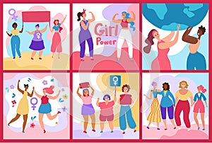 Feminism and girl power young women cartoon characters vector illustration.